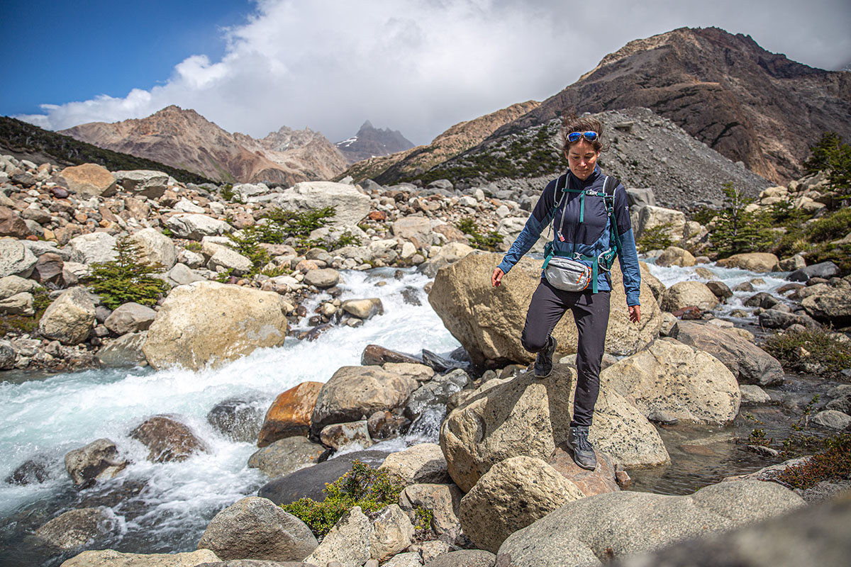 KEEN Terradora Flex hiking boot (walking across rocks by river)